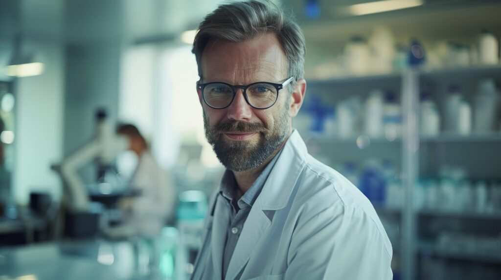 A middle aged man in glasses in front of an out of focus clinical backdrop.